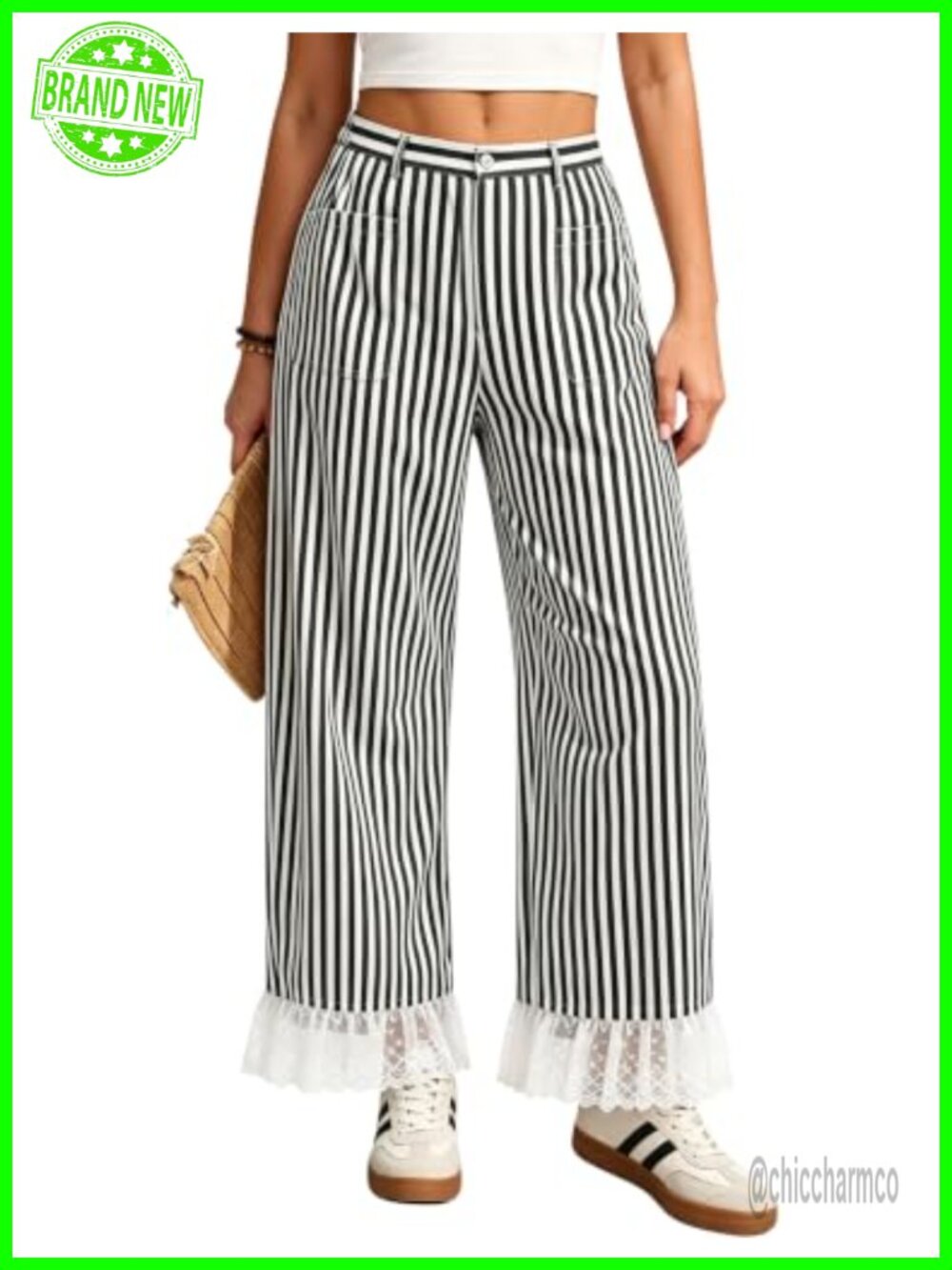 Wide Leg Palazzo Pants Striped Lace Hem Pull On Lounge Trousers
